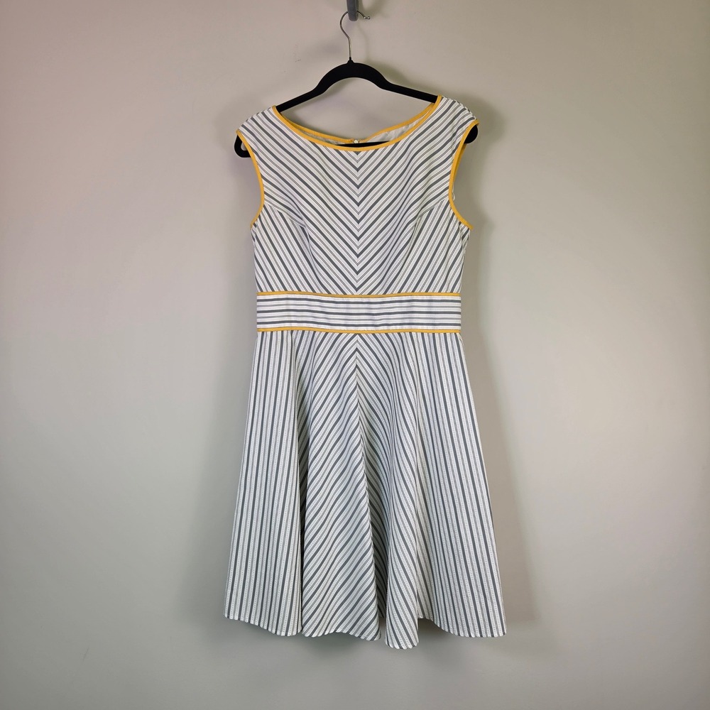 London Style Collection Dress 12 Blue White Striped Yellow Trim Fit Flare 153031
